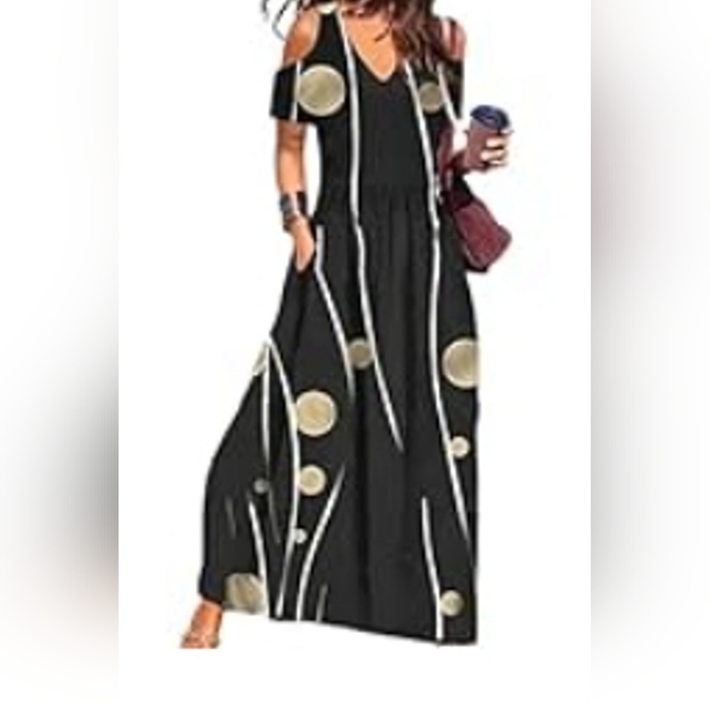 Boho Black Maxi Cold Shoulder Dress-Geo Design-Pockets-V Neck Women's XXL - NWOT